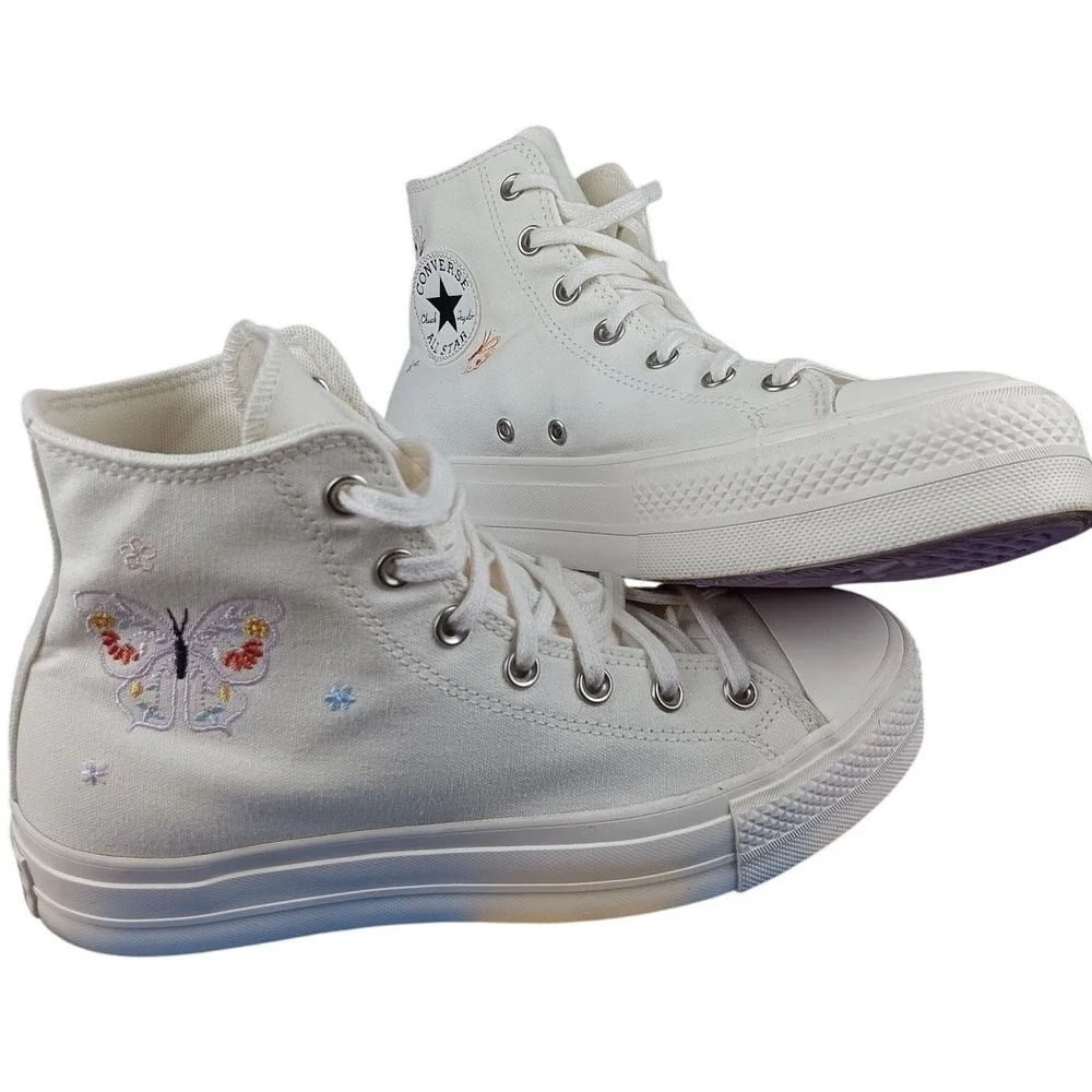 Converse All Star Lift Platform Women 10‎ White Butterfly Embroidered Y2K Hi-Top